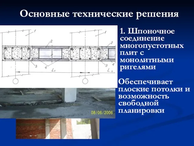 Обеспечивает плоские потолки и возможность свободной планировки Основные технические решения 1.