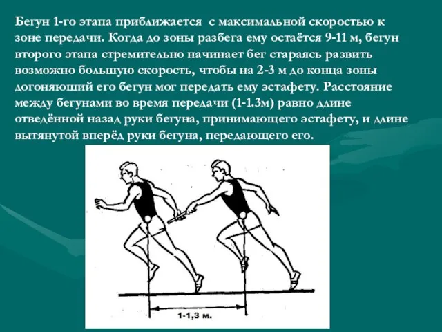 Бегун 1-го этапа приближается с максимальной скоростью к зоне передачи. Когда