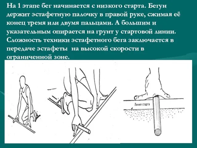 На 1 этапе бег начинается с низкого старта. Бегун держит эстафетную