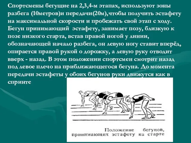 Спортсмены бегущие на 2,3,4-м этапах, используют зоны разбега (10метров)и передачи(20м),чтобы получить