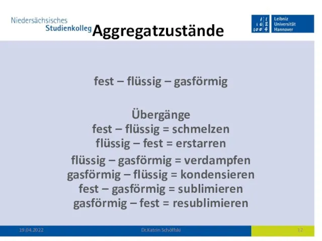 Aggregatzustände fest – flüssig – gasförmig Übergänge fest – flüssig =