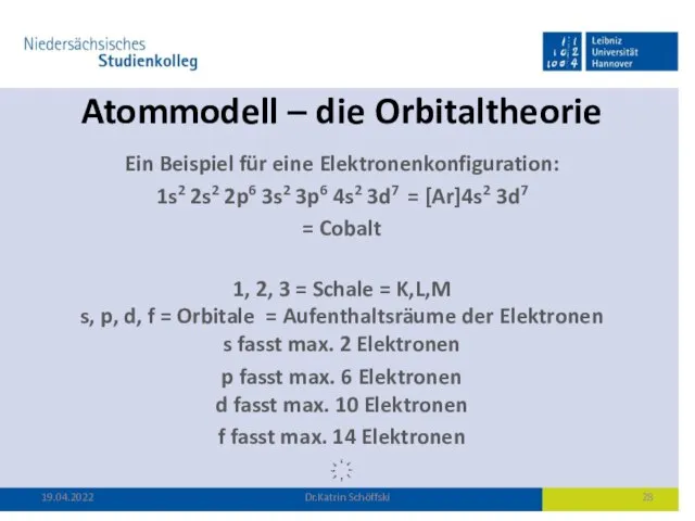 Atommodell – die Orbitaltheorie Ein Beispiel für eine Elektronenkonfiguration: 1s2 2s2