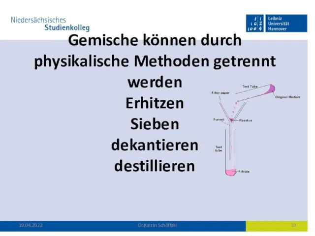 Gemische können durch physikalische Methoden getrennt werden Erhitzen Sieben dekantieren destillieren 19.04.2022 Dr.Katrin Schöffski