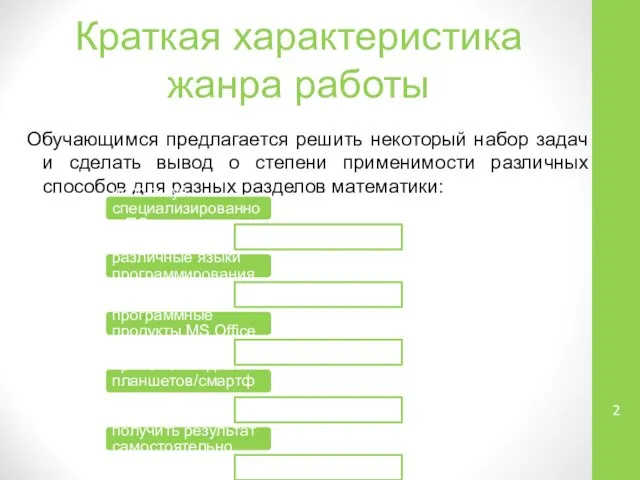 Краткая характеристика жанра работы Обучающимся предлагается решить некоторый набор задач и