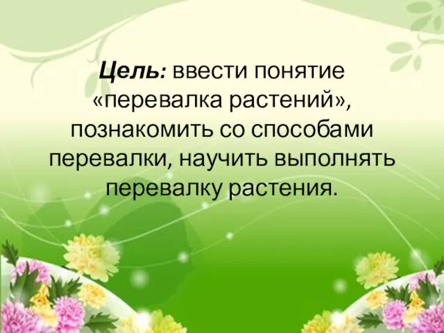 Цель: ввести понятие «перевалка растений», познакомить со способами перевалки, научить выполнять перевалку растения.