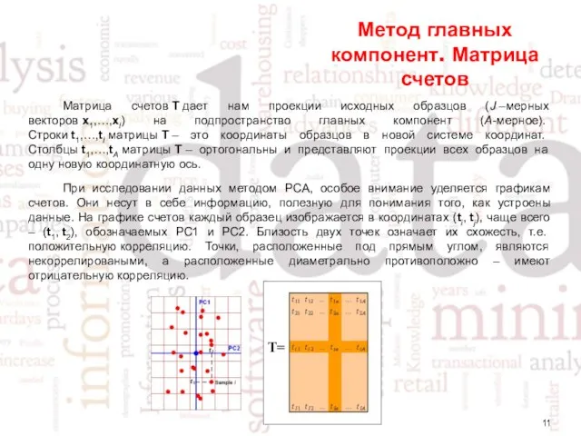 Метод главных компонент. Матрица счетов Матрица счетов T дает нам проекции