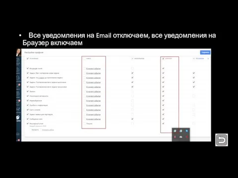 Все уведомления на Email отключаем, все уведомления на Браузер включаем