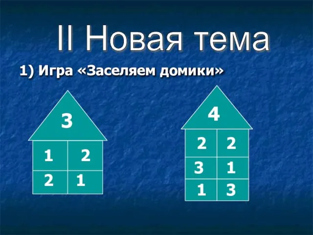 1) Игра «Заселяем домики» II Новая тема 2 1 2 3 1