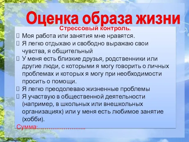 Оценка образа жизни Стрессовый контроль. Моя работа или занятия мне нравятся.