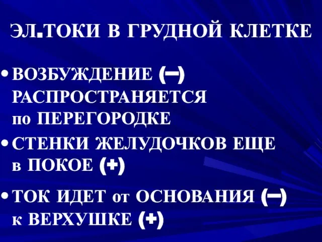 ЭЛ.ТОКИ В ГРУДНОЙ КЛЕТКЕ ВОЗБУЖДЕНИЕ (–) РАСПРОСТРАНЯЕТСЯ по ПЕРЕГОРОДКЕ СТЕНКИ ЖЕЛУДОЧКОВ