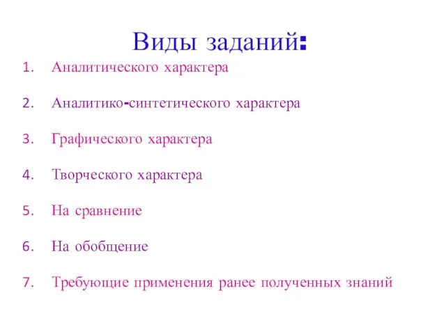 Виды заданий: Аналитического характера Аналитико-синтетического характера Графического характера Творческого характера На