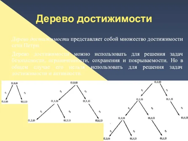 Дерево достижимости Дерево достижимости представляет собой множество достижимости сети Петри. Дерево