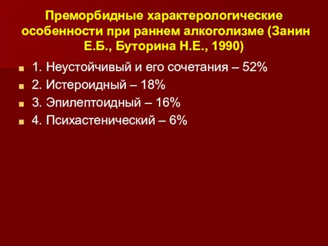 Преморбидные характерологические особенности при раннем алкоголизме (Занин Е.Б., Буторина Н.Е., 1990)