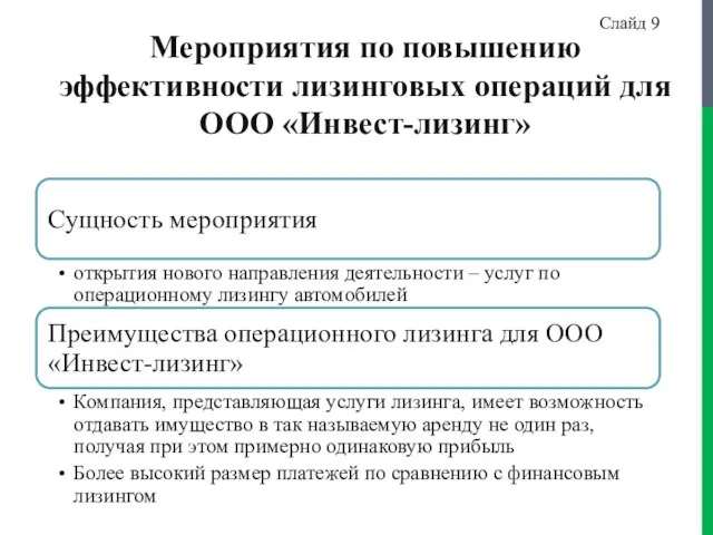 Мероприятия по повышению эффективности лизинговых операций для ООО «Инвест-лизинг» Слайд 9