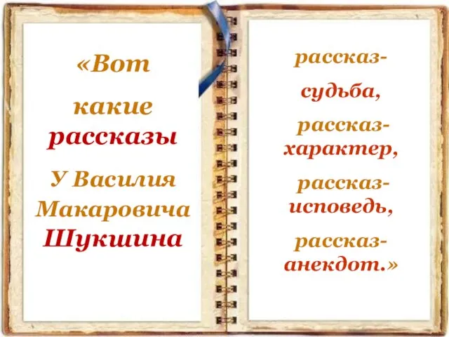 рассказ- судьба, рассказ-характер, рассказ-исповедь, рассказ- анекдот.» «Вот какие рассказы У Василия Макаровича Шукшина