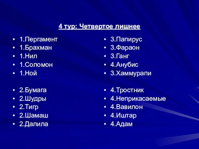 4 тур: Четвертое лишнее 1.Пергамент 1.Брахман 1.Нил 1.Соломон 1.Ной 2.Бумага 2.Шудры