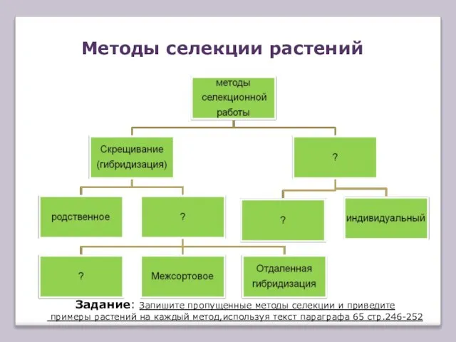 Методы селекции растений Задание: Запишите пропущенные методы селекции и приведите примеры