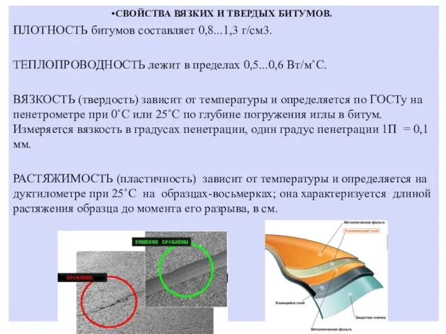 СВОЙСТВА ВЯЗКИХ И ТВЕРДЫХ БИТУМОВ. ПЛОТНОСТЬ битумов составляет 0,8...1,3 г/см3. ТЕПЛОПРОВОДНОСТЬ