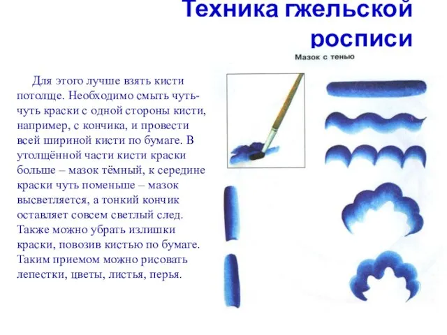 Техника гжельской росписи Для этого лучше взять кисти потолще. Необходимо смыть