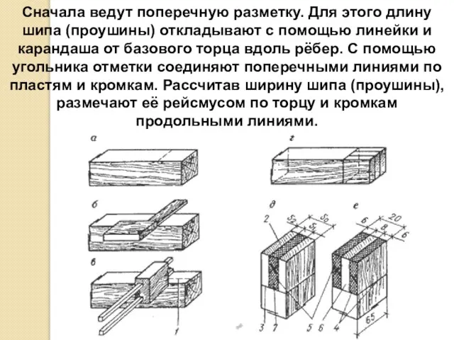 Сначала ведут поперечную разметку. Для этого длину шипа (проушины) откладывают с