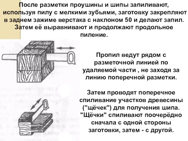 После разметки проушины и шипы запиливают, используя пилу с мелкими зубьями,