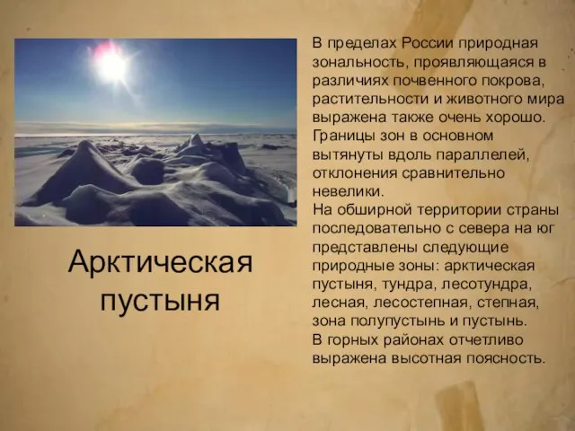 Арктическая пустыня В пределах России природная зональность, проявляющаяся в различиях почвенного