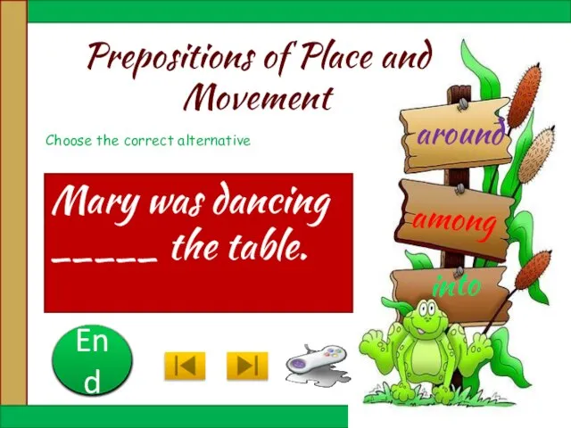 Prepositions of Place and Movement Mary was dancing _____ the table.