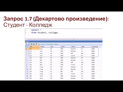 Запрос 1.7 (Декартово произведение): Студент - Колледж