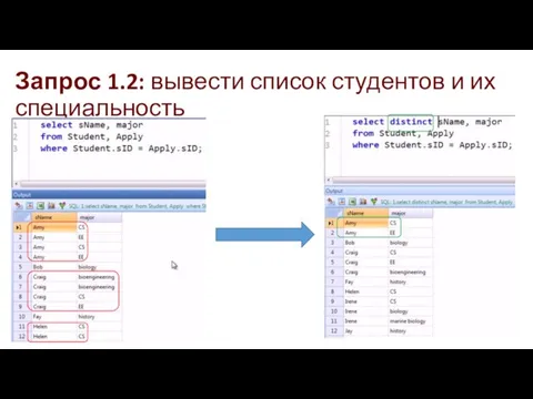 Запрос 1.2: вывести список студентов и их специальность