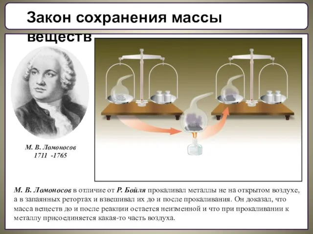 М. В. Ломоносов 1711 -1765 Закон сохранения массы веществ М. В.