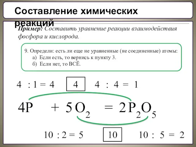 Составление химических реакций Пример: Составить уравнение реакции взаимодействия фосфора и кислорода.