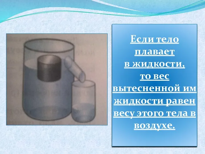 Если тело плавает в жидкости, то вес вытесненной им жидкости равен весу этого тела в воздухе.