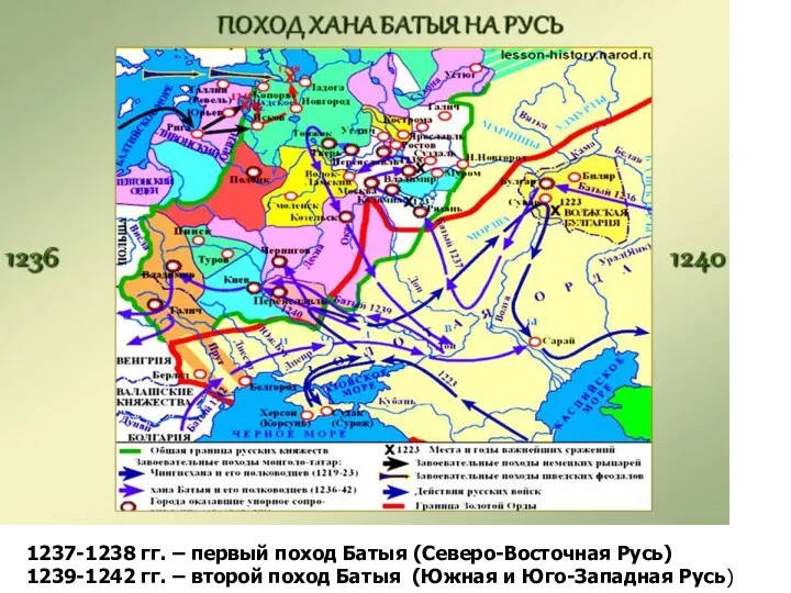 1237-1238 гг. – первый поход Батыя (Северо-Восточная Русь) 1239-1242 гг. –