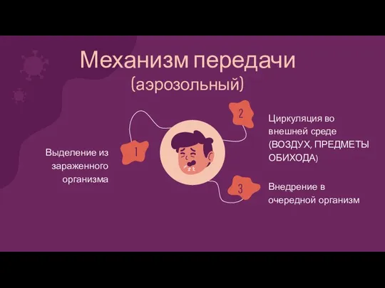 Механизм передачи (аэрозольный) Выделение из зараженного организма Циркуляция во внешней среде