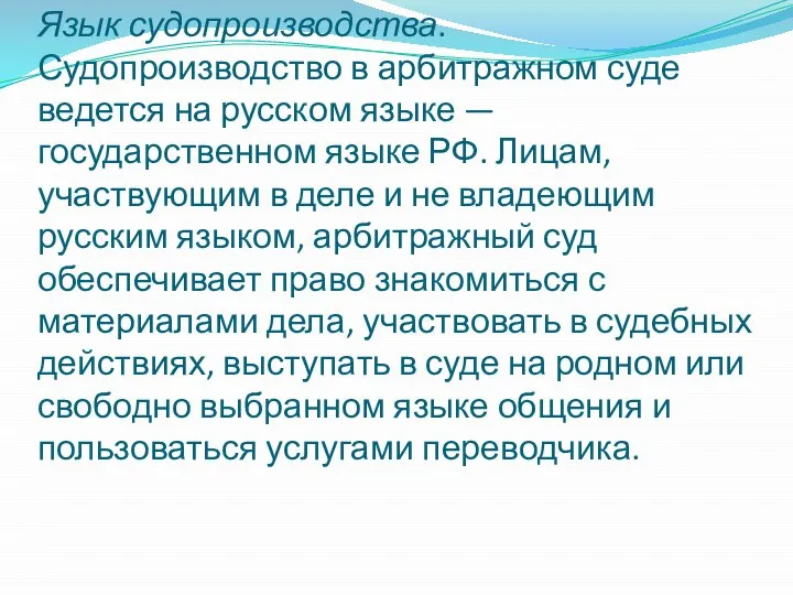 Язык судопроизводства. Судопроизводство в арбитражном суде ведется на русском языке —