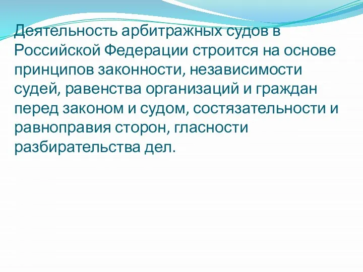 Деятельность арбитражных судов в Российской Федерации строится на основе принципов законности,