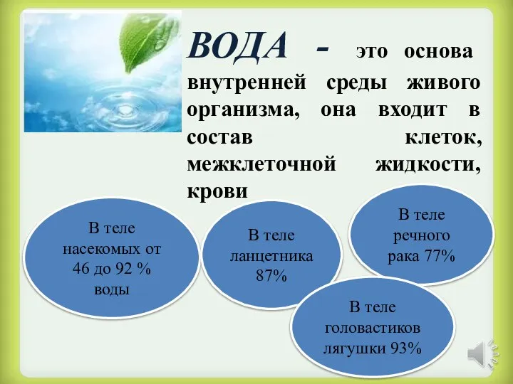 ВОДА - это основа внутренней среды живого организма, она входит в