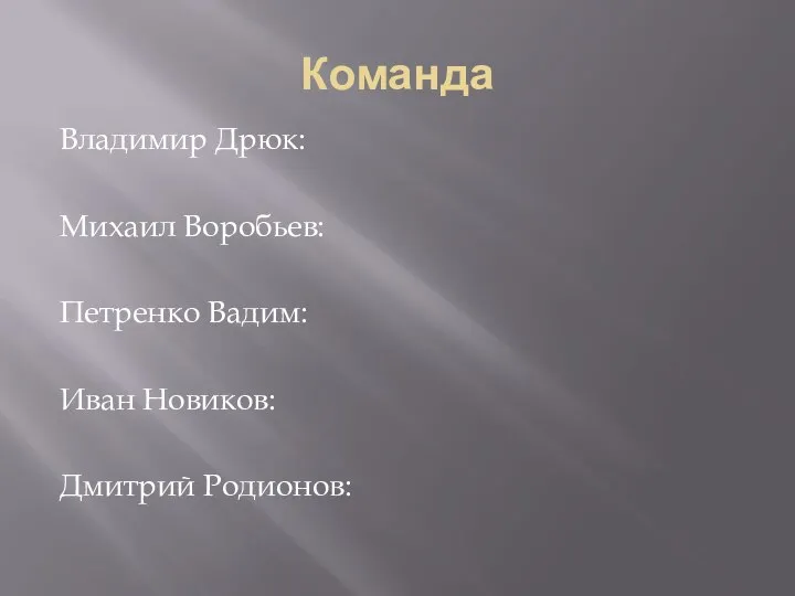 Команда Владимир Дрюк: Михаил Воробьев: Петренко Вадим: Иван Новиков: Дмитрий Родионов: