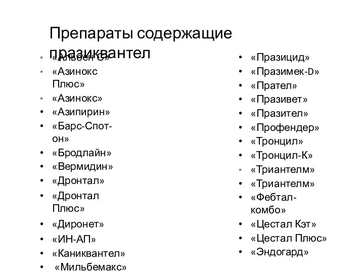 Препараты содержащие празиквантел «Альбен С» «Азинокс Плюс» «Азинокс» «Азипирин» «Барс-Спот-он» «Бродлайн»