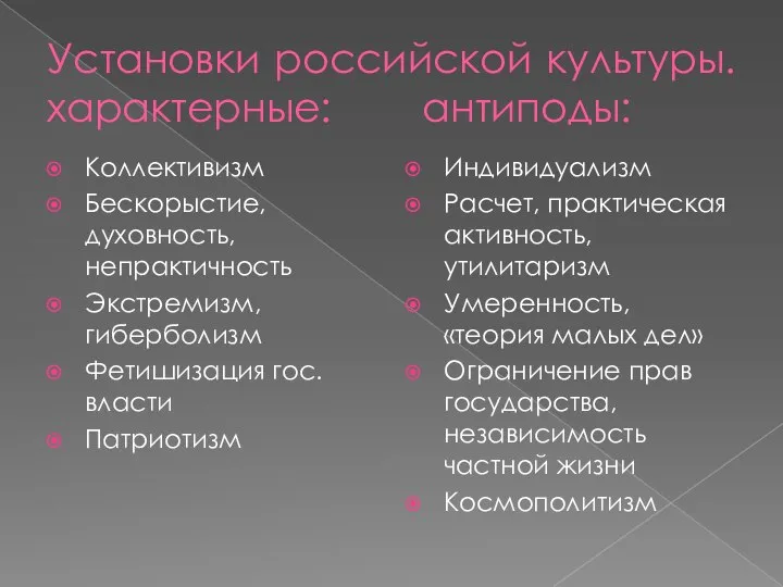 Установки российской культуры. характерные: антиподы: Коллективизм Бескорыстие, духовность, непрактичность Экстремизм, гиберболизм