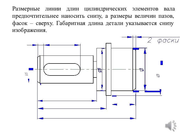 Размерные линии длин цилиндрических элементов вала предпочтительнее наносить снизу, а размеры