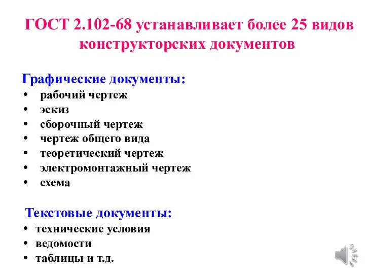 ГОСТ 2.102-68 устанавливает более 25 видов конструкторских документов Графические документы: рабочий