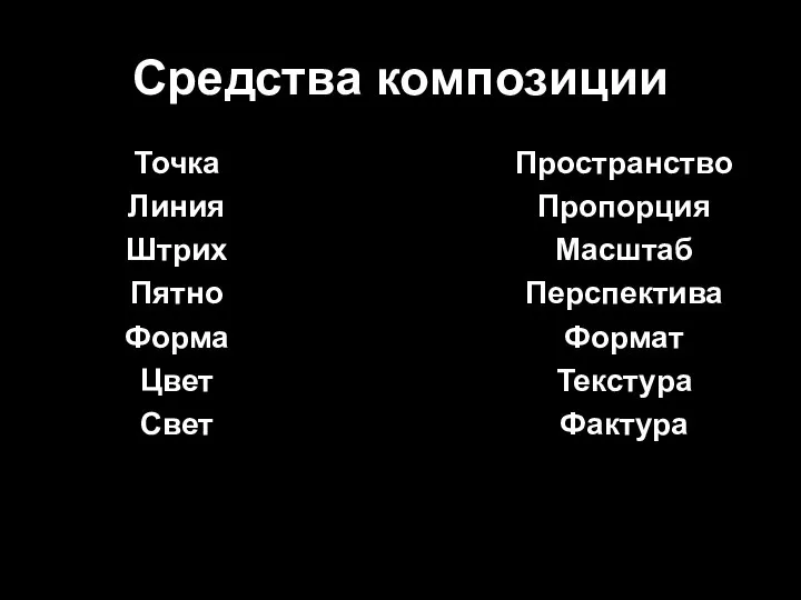 Средства композиции Точка Линия Штрих Пятно Форма Цвет Свет Пространство Пропорция