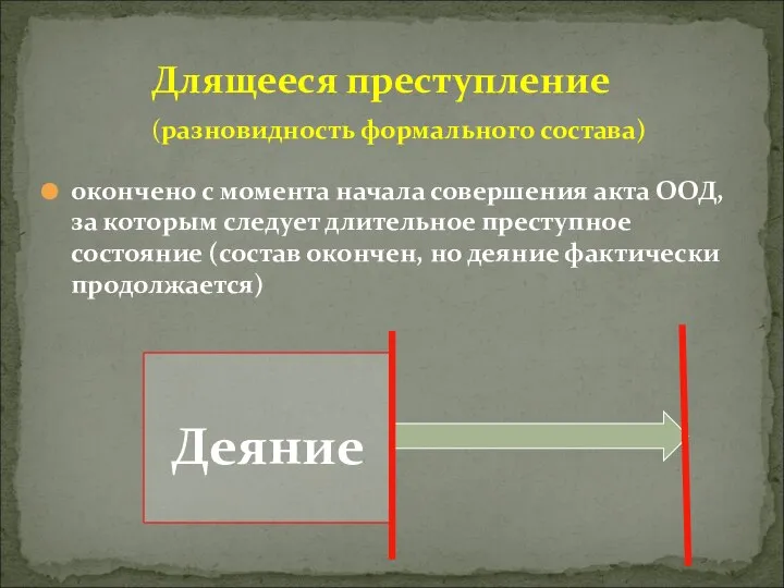 Длящееся преступление (разновидность формального состава) окончено с момента начала совершения акта