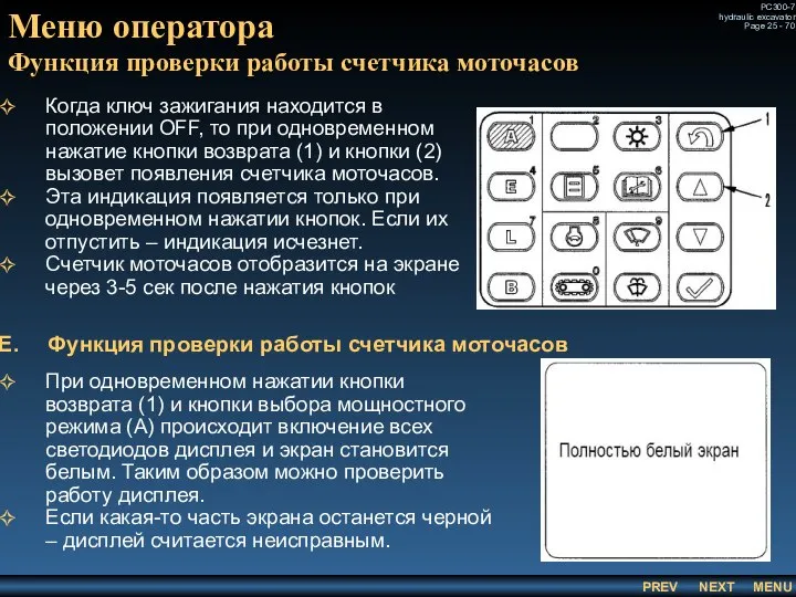 Меню оператора Функция проверки работы счетчика моточасов Когда ключ зажигания находится