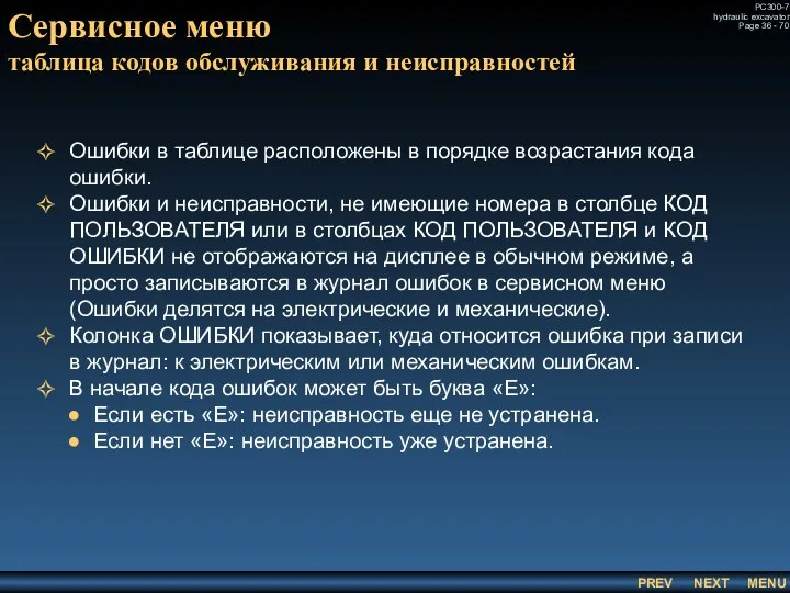 Сервисное меню таблица кодов обслуживания и неисправностей Ошибки в таблице расположены