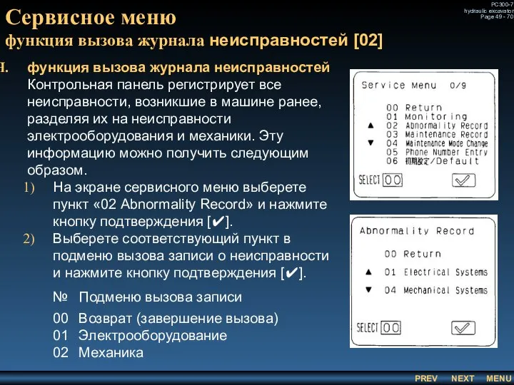 Сервисное меню функция вызова журнала неисправностей [02] функция вызова журнала неисправностей