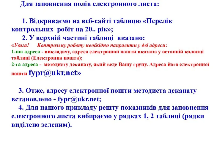 Для заповнення полів електронного листа: 1. Відкриваємо на веб-сайті таблицю «Перелік