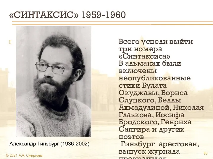 «СИНТАКСИС» 1959-1960 Всего успели выйти три номера «Синтаксиса» В альманах были