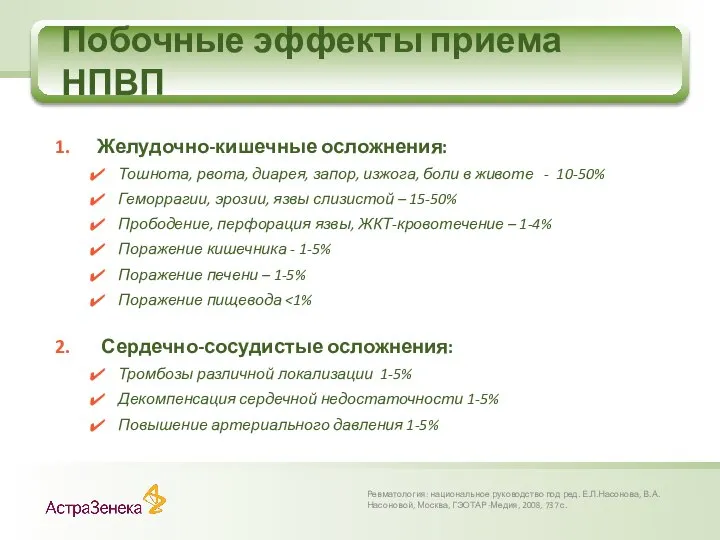 Побочные эффекты приема НПВП Ревматология: национальное руководство под ред. Е.Л.Насонова, В.А.Насоновой,